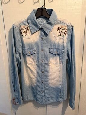 Tasha Polizzi Vintage Wash Denim Western Shirt with Embroidered Horses